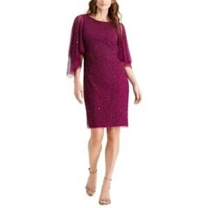 Adrianna Papell Beaded Long Flutter Sleeve Sheath Cocktail Dress Purple Size 4